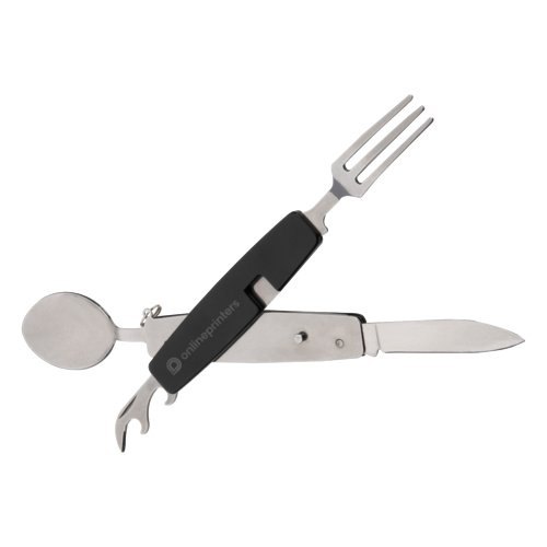 Svart campingbestickset i metall med kniv, gaffel, sked och kapsylppnare.