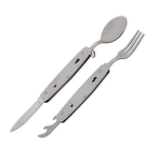Svarta campingbestick i metall med kniv, gaffel, sked och flaskppnare.