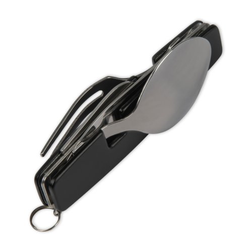 Svarta campingbestick i metall med fllkniv, gaffel och sked.