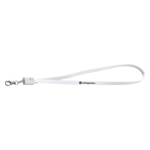 Vit polyester-lanyard med karbinhake och universell laddkabel.