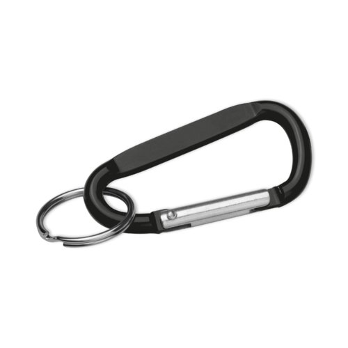 Svart metallnyckelring med karbinhake och ring.