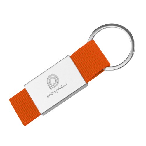 Orange tygnyckelring med metallring.