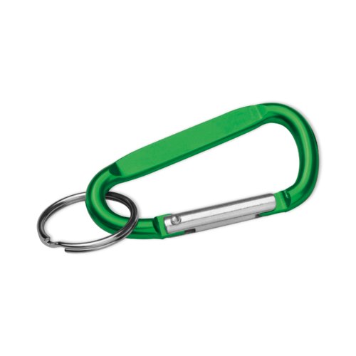 Grn metallnyckelring med karbinhake och ring.