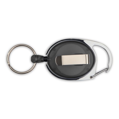 Svart karbinhake med ring och klmma.