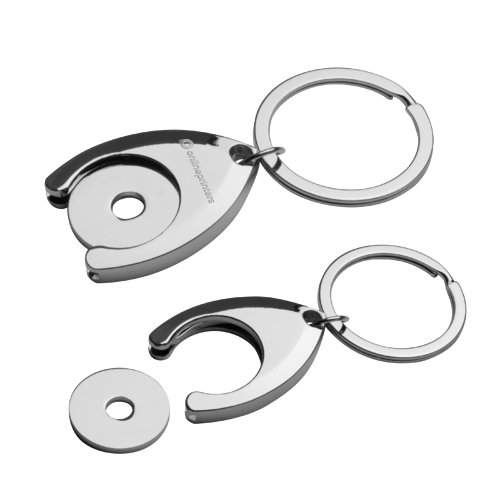 Metallnyckelring med kundvagnsmynt och metallring.