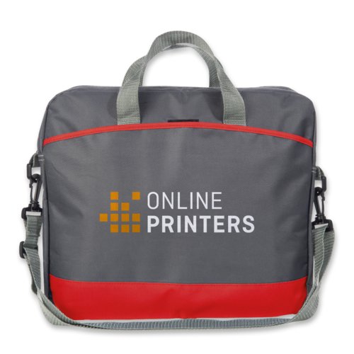 R�d syntetisk laptopv�ska med handtag och axelrem.