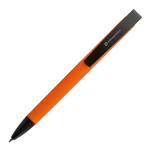 Orange kulspetspenna med klmma och tryckmekanism.