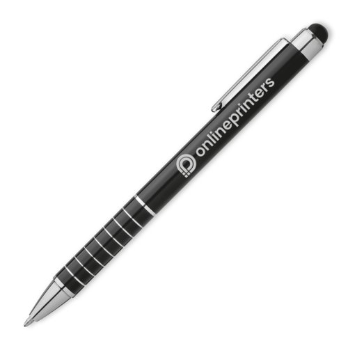 Svart metallkulspetspenna med touch-penna och clip.