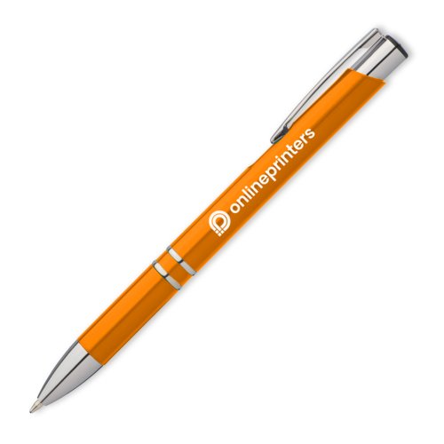 Orange metallkulspetspenna med klmma och tryckknapp.