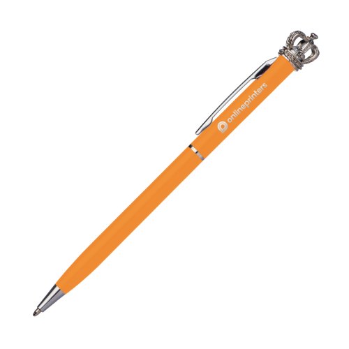 Orange metallkulspetspenna med klmma och krondekor.