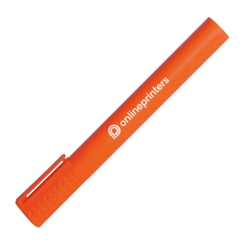 Orange verstrykningspenna med mejselspets och lock.
