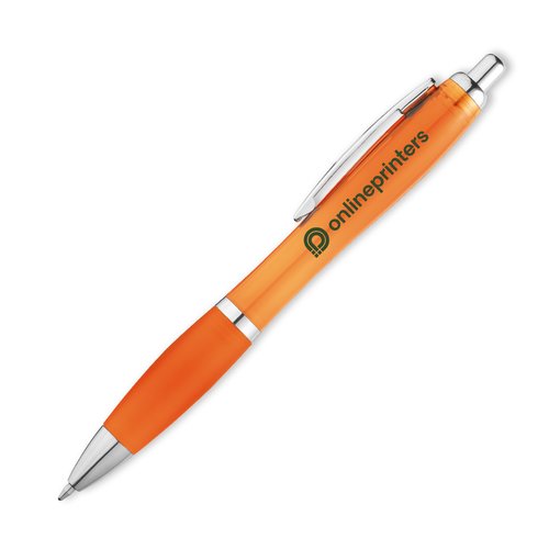 Orange plastkulspetspenna med klmma och tryckknapp.