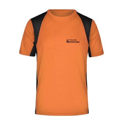Orange funktionstrja i polyester fr mn med korta rmar.