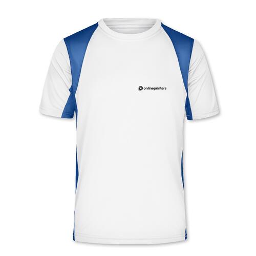 Vit/bl� funktionstr�ja i polyester med korta �rmar.