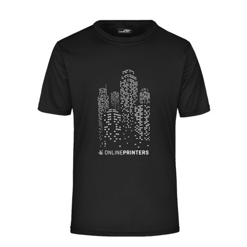 Svart polyester T-shirt med korta rmar.
