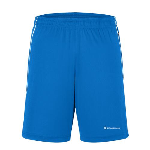 Bl� polyestershorts med elastisk midja och dragsko.