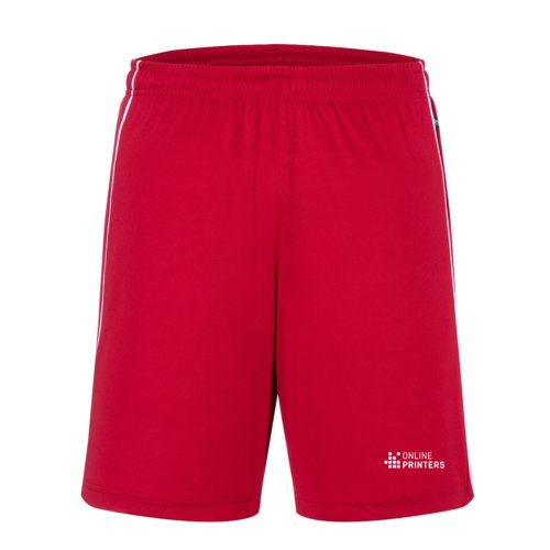 Rda polyestershorts med elastisk midja och vita rnder.