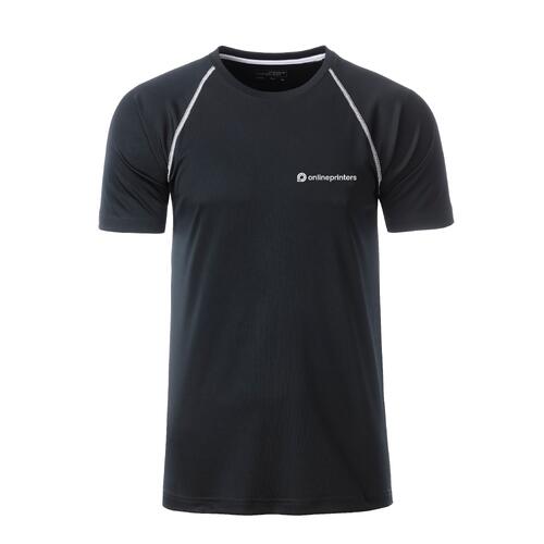 Svart och vit polyester T-shirt f�r m�n med korta �rmar.