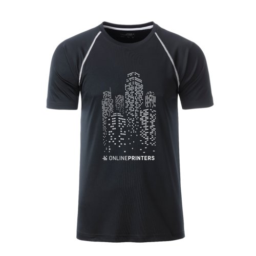 Svart och vit sport-t-shirt i polyester fr mn med korta rmar.