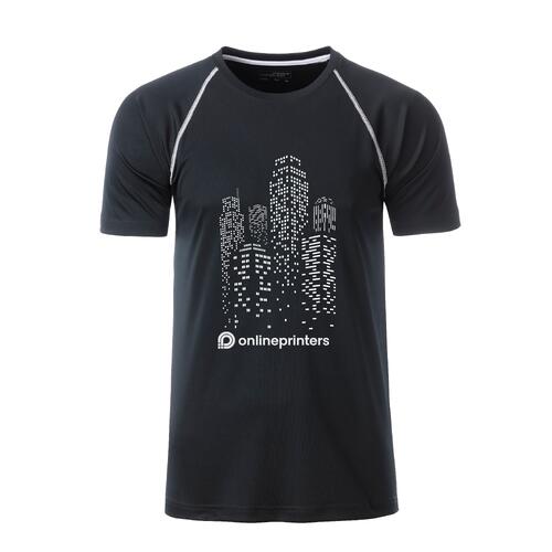 Svart och vit sport-t-shirt i polyester f�r m�n med korta �rmar.