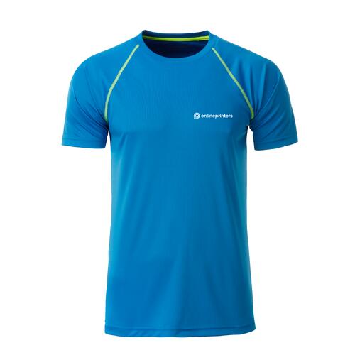 Bl� polyester T-shirt med korta �rmar.