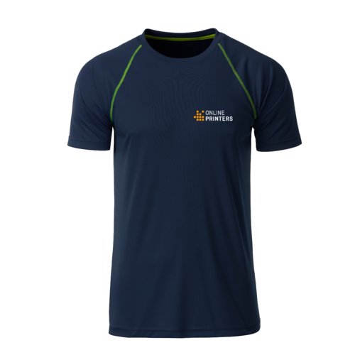 Marinbl polyester T-shirt fr mn med korta rmar.