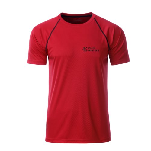 Rd T-shirt i polyester med korta rmar.