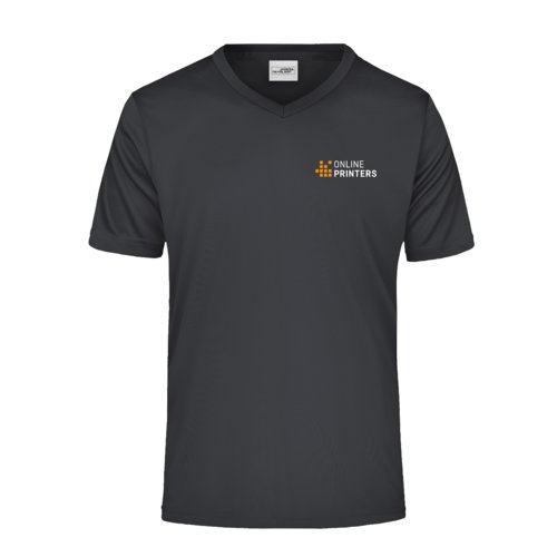 Svart polyester T-shirt med V-ringning och korta rmar.