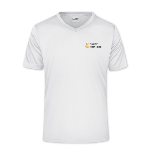 Vit polyester V-ringad t-shirt med korta rmar.