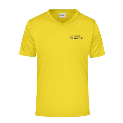 Gul polyester T-shirt med V-hals och korta rmar.