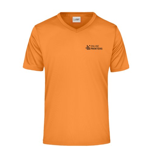Orange V-ringad T-shirt i polyester fr mn med korta rmar.