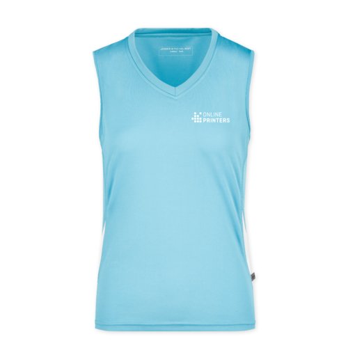 Ljusbl polyestertanktop fr damer med V-ringning.