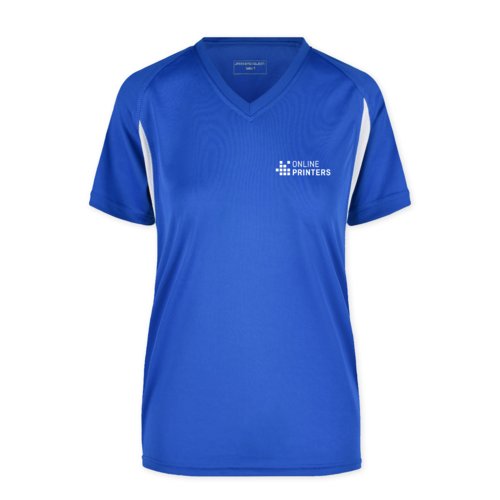 Bl polyester funktions t-shirt fr damer med V-ringning.