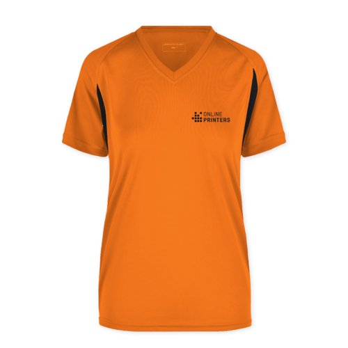 Orange funktionstrja i polyester fr dam med V-ringning och korta rmar.