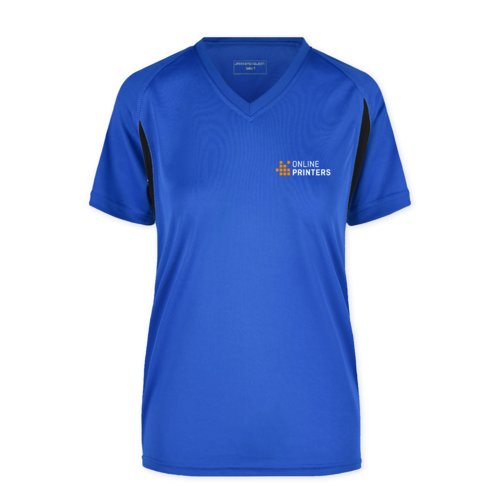 Royalbl funktionstrja i polyester fr damer med V-ringning.