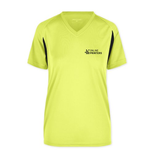 Neongul funktionstrja i polyester fr damer med V-ringning.