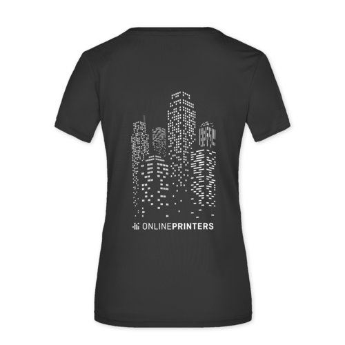 Svart polyester T-shirt fr damer med korta rmar.