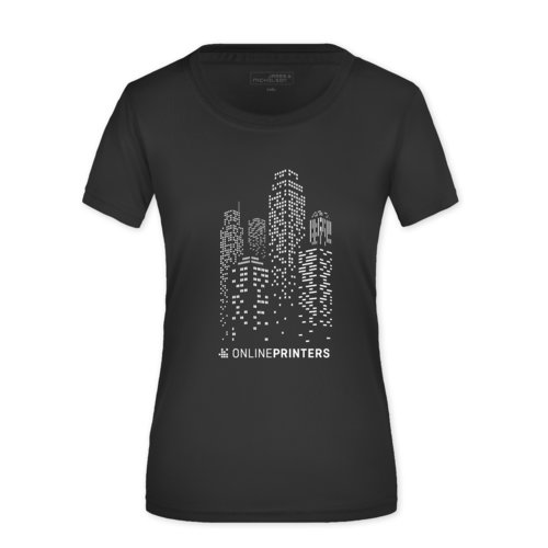 Svart polyester T-shirt fr damer med korta rmar.