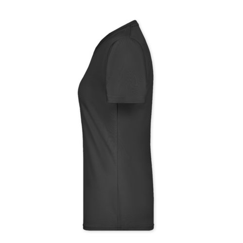 Svart polyester t-shirt fr damer med korta rmar.