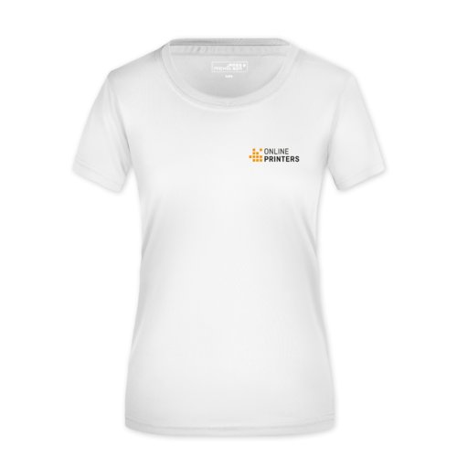 Vit polyester t-shirt fr dam med korta rmar.