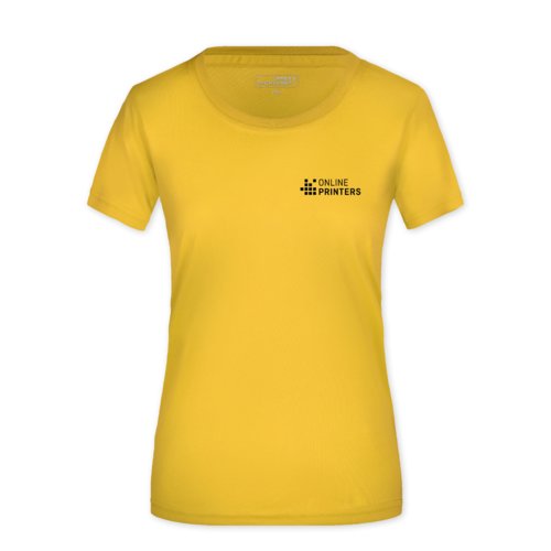 Gul polyester-T-shirt fr damer med korta rmar.