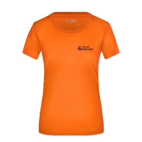 Orange polyester T-shirt fr damer med korta rmar.