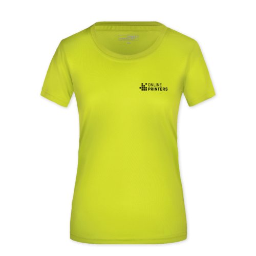 Neongul polyester T-shirt fr kvinnor med korta rmar.