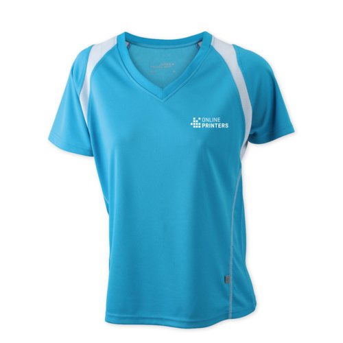 Ljusbl trnings-t-shirt i polyester fr damer med V-ringning.