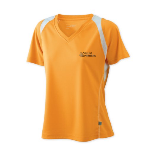 Orange lpartrja i polyester fr dam med V-ringning.