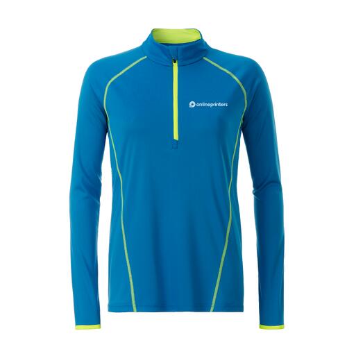Bl� och neongul l�ng�rmad tr�ja i polyester med kort dragkedja.