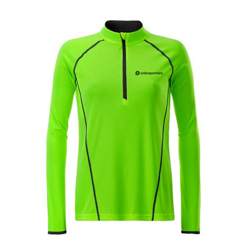 Neongr�n polyester l�ng�rmad tr�ja med dragkedja f�r damer.