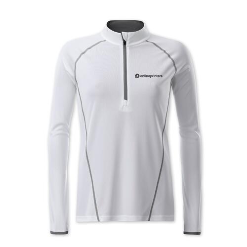 Vit polyester l�ng�rmad tr�ja med dragkedja f�r damer.