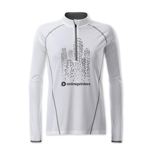 Vit l�ng�rmad tr�ja i polyester med dragkedja.