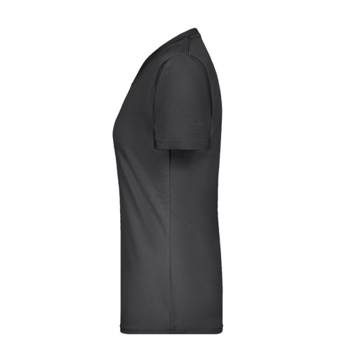 Svart polyester T-shirt fr damer med V-ringning och korta rmar.